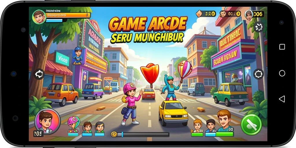 Screenshot utama D06 menunjukkan aksi seru dalam gameplay Arcade.
